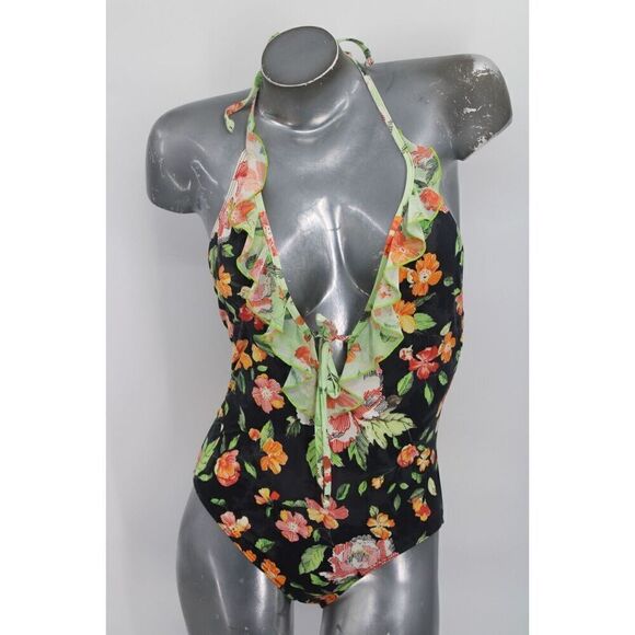 Jets By Jessika Allen Size 8 Floral Halter One Piece Swimsuit Frilly Front Open - Picture 1 of 9